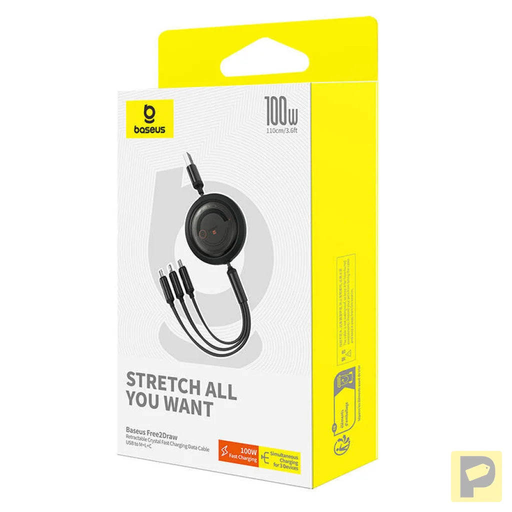 3-in-1 Baseus Free2Draw USB to M+L+C 100W cable, 1.1 m (black)