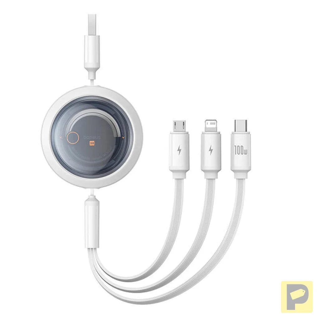 3-in-1 Baseus Free2Draw USB to M+L+C 100W cable, 1.1 m (white)