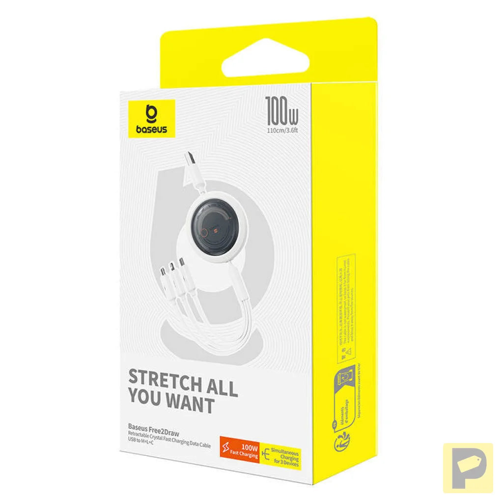 3-in-1 Baseus Free2Draw USB to M+L+C 100W cable, 1.1 m (white)