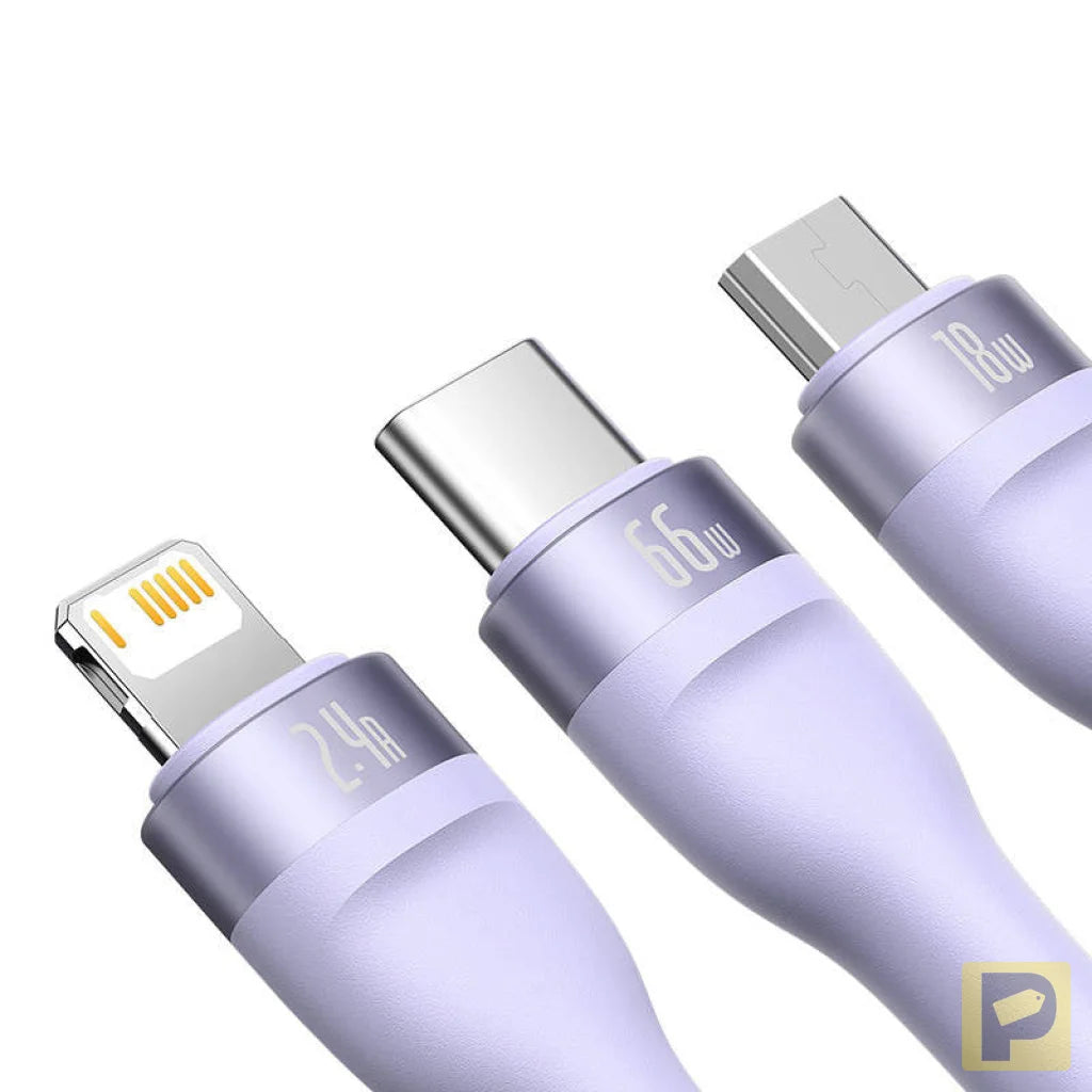 3in1 USB cable Baseus Flash II Series, USB-C + micro USB + Lightning, 66W, 1.2m (Purple)