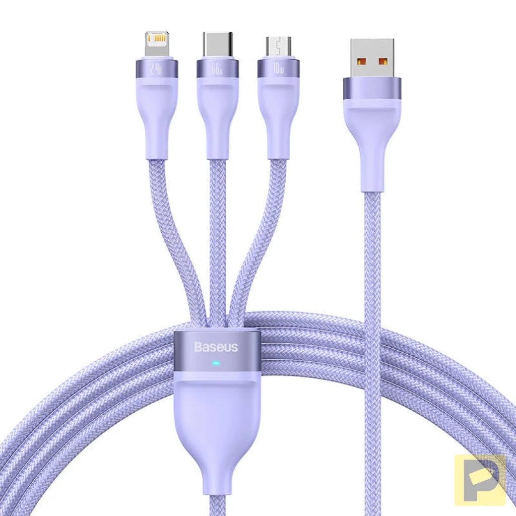 3in1 USB cable Baseus Flash II Series, USB-C + micro USB + Lightning, 66W, 1.2m (Purple)