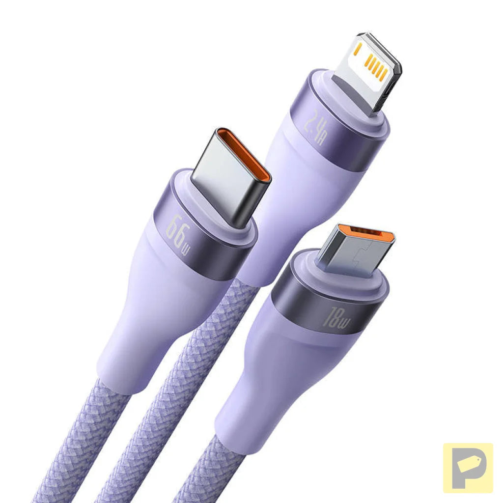 3in1 USB cable Baseus Flash II Series, USB-C + micro USB + Lightning, 66W, 1.2m (Purple)
