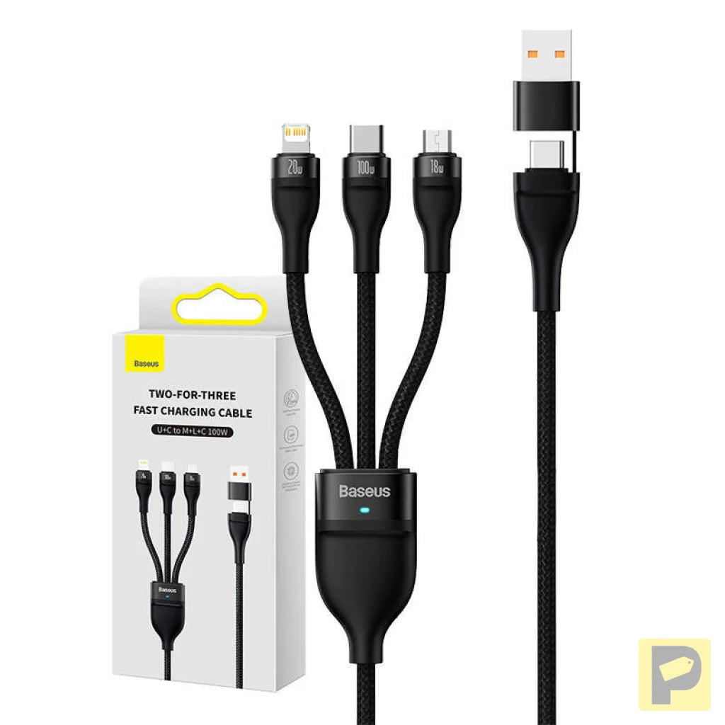 3in1 USB cable Baseus Flash Series 2, USB-C + micro USB + Lightning, 100W, 1.2m (black)