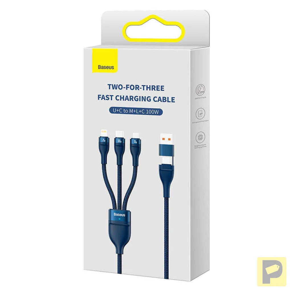 3in1 USB cable Baseus Flash Series 2, USB-C + micro USB + Lightning, 100W, 1.2m (blue)