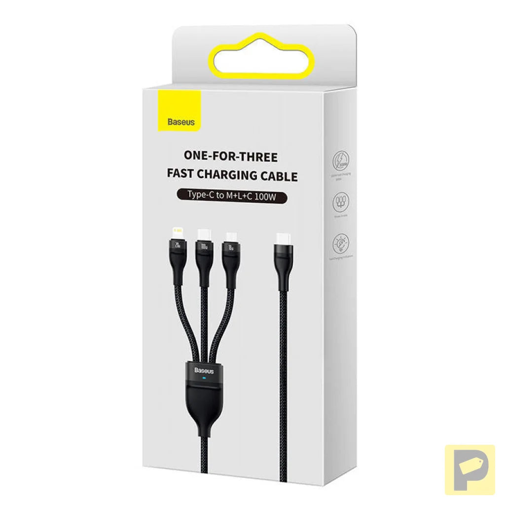 3in1 USB cable Baseus Flash Series 2, USB-C + micro USB + Lightning, 100W, 1.5m (black)
