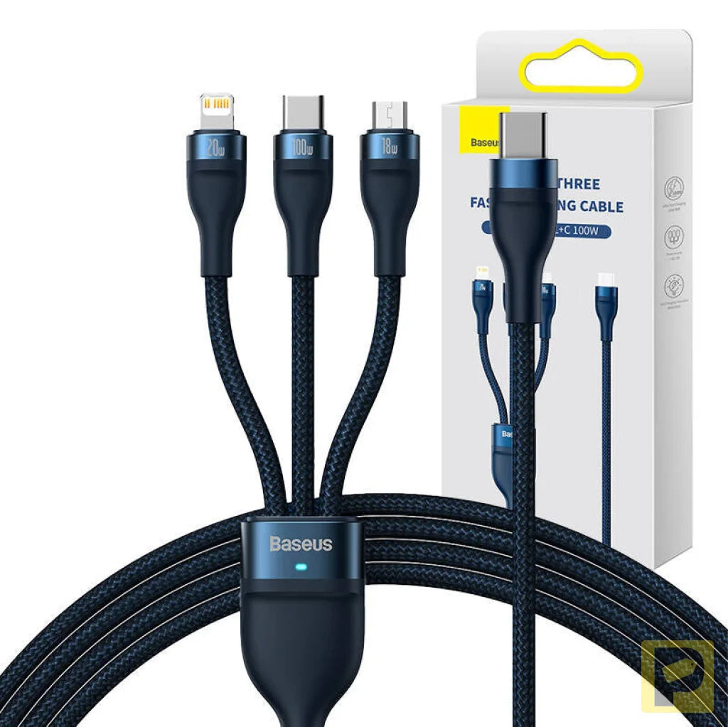 3in1 USB cable Baseus Flash Series 2, USB-C + micro USB + Lightning, 100W, 1.5m (blue)