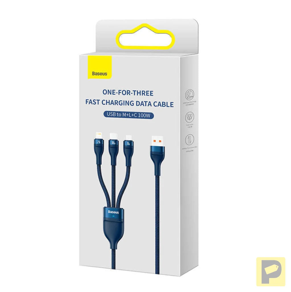3in1 USB cable Baseus Flash Series, USB-C + micro USB + Lightning, 100W, 1.2m (blue)
