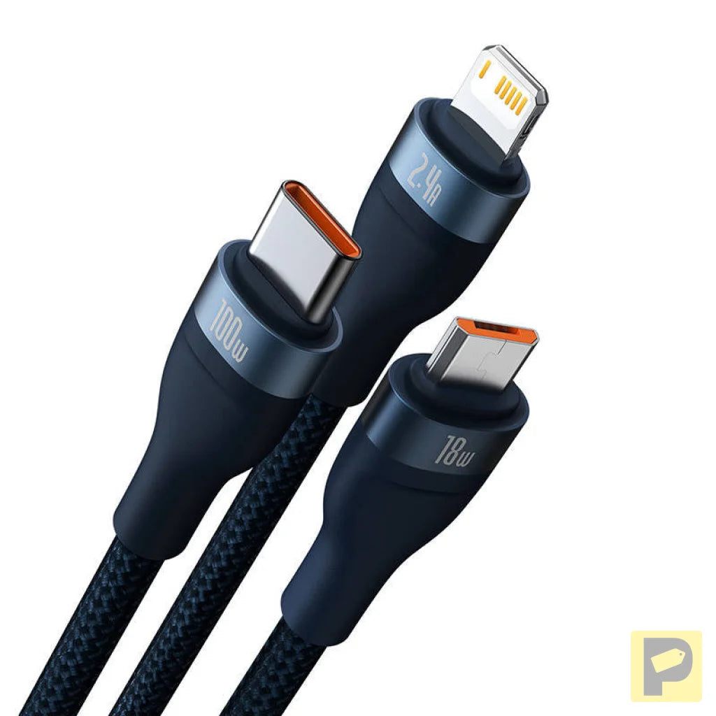3in1 USB cable Baseus Flash Series, USB-C + micro USB + Lightning, 100W, 1.2m (blue)