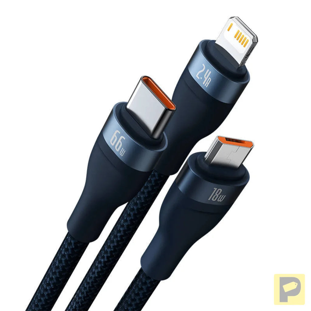 3in1 USB cable Baseus USB 3in1 Baseus Flash Series, USB-C + Micro + Lightning 66W, 1.2m (blue)