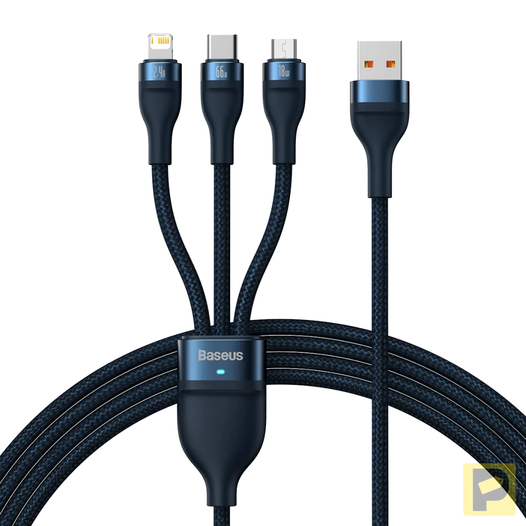 3in1 USB cable Baseus USB 3in1 Baseus Flash Series, USB-C + Micro + Lightning 66W, 1.2m (blue)