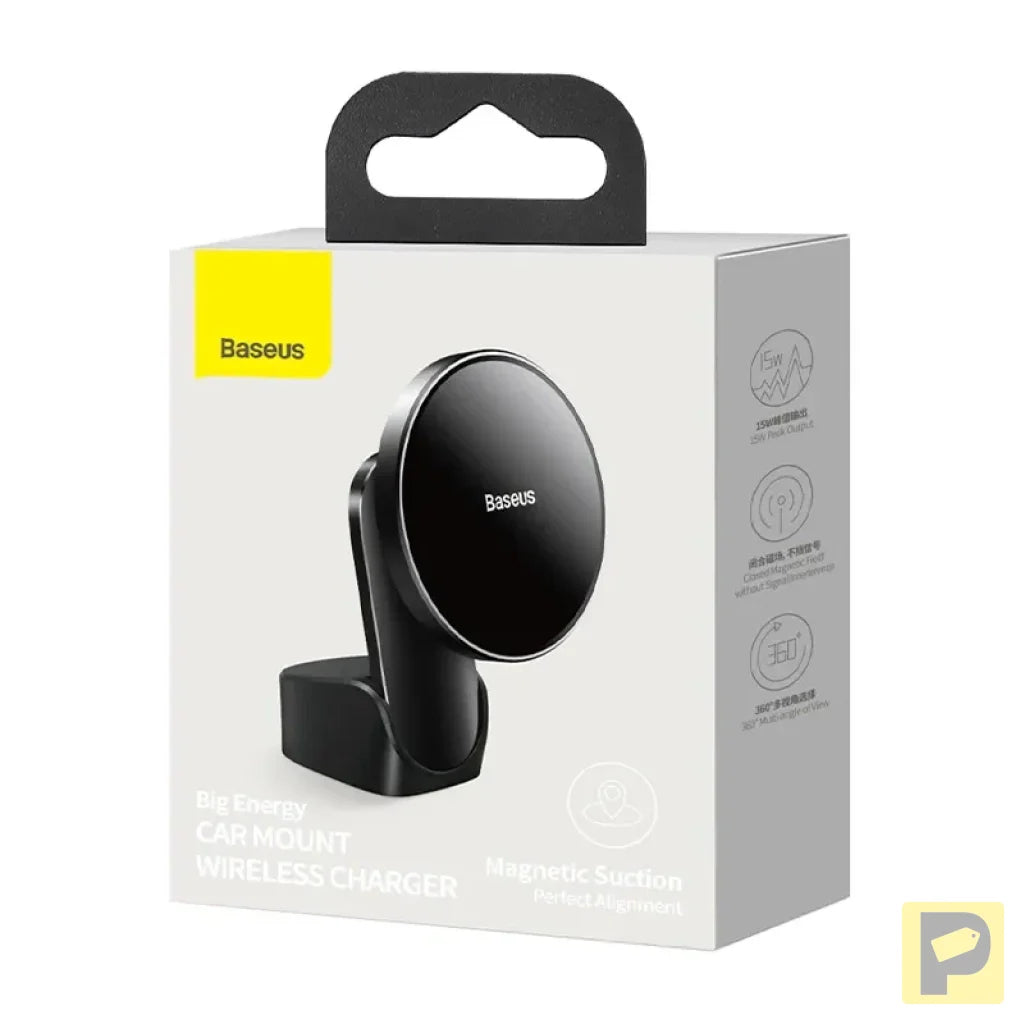 Baseus Big Energy car mount with wireless charger 15W for Iphone 12 / Iphone 13 (Black)