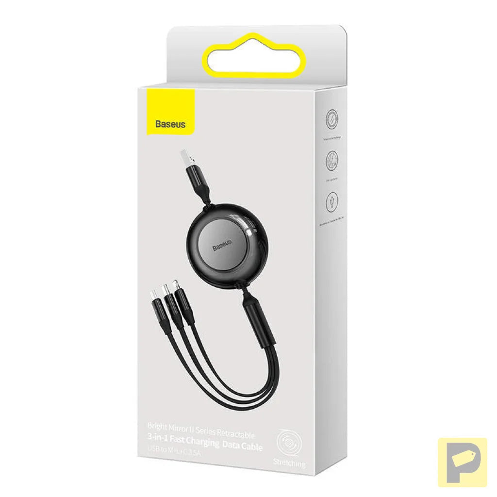 Baseus Bright Mirror 2, USB 3-in-1 cable for micro USB / USB-C / Lightning 3.5A 1.1m (Black)