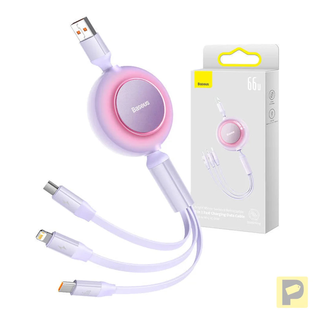 Baseus Bright Mirror 3, USB 3-in-1 cable for micro USB / USB-C / Lightning 66W / 2A 1.1m (Purple)