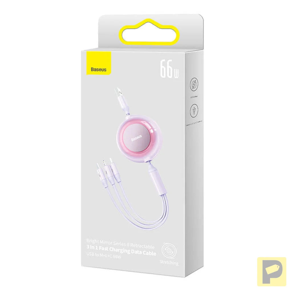 Baseus Bright Mirror 3, USB 3-in-1 cable for micro USB / USB-C / Lightning 66W / 2A 1.1m (Purple)