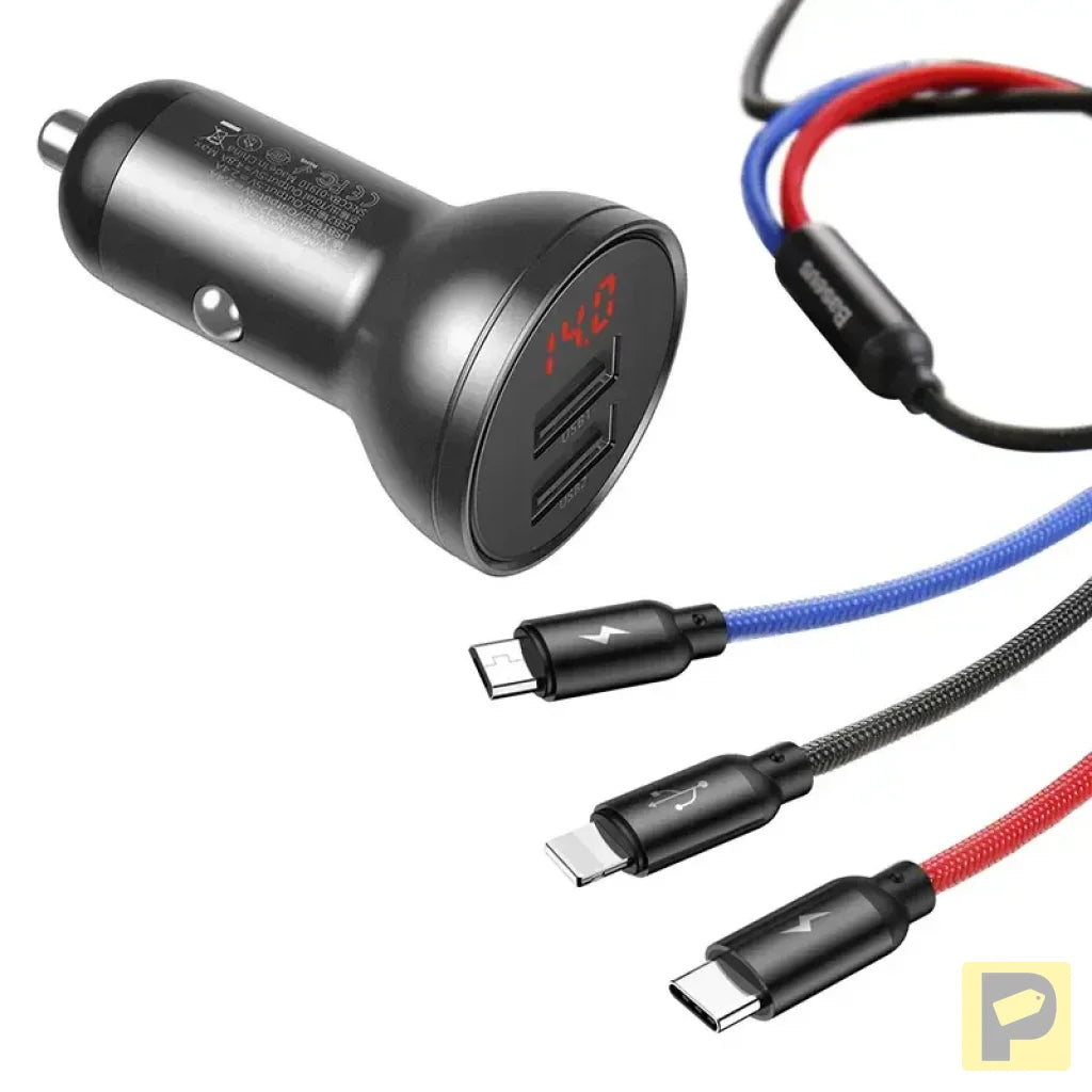 Baseus Car Charger with display 24W + Cable USB 3in1 Baseus Three Primary Colors 1,2m