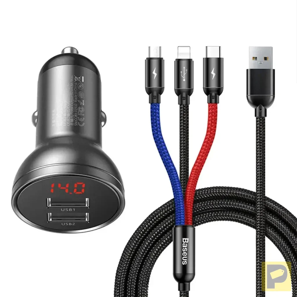 Baseus Car Charger with display 24W + Cable USB 3in1 Baseus Three Primary Colors 1,2m