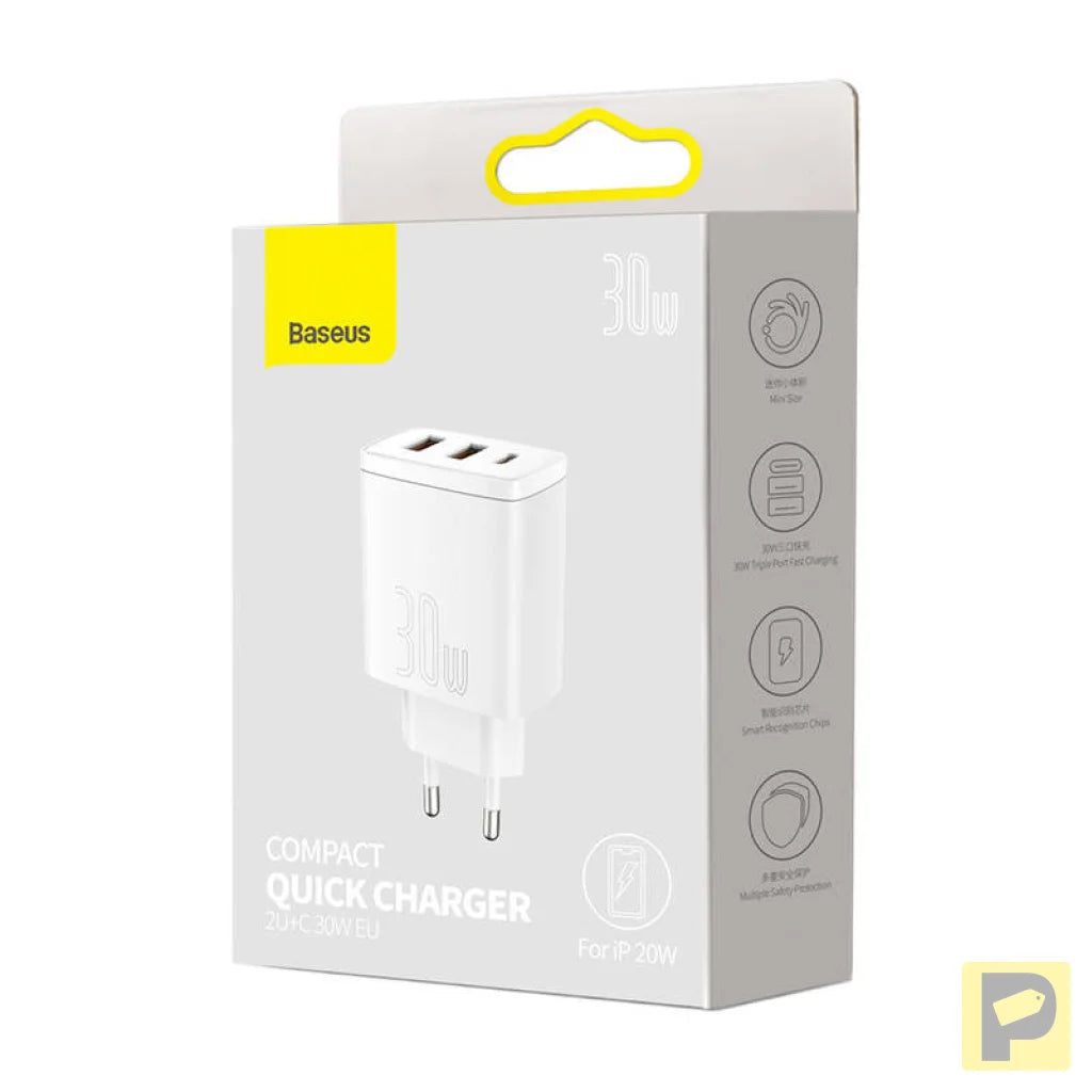 Baseus Compact Quick Charger, 2xUSB, USB-C, PD, 3A, 30W (white)