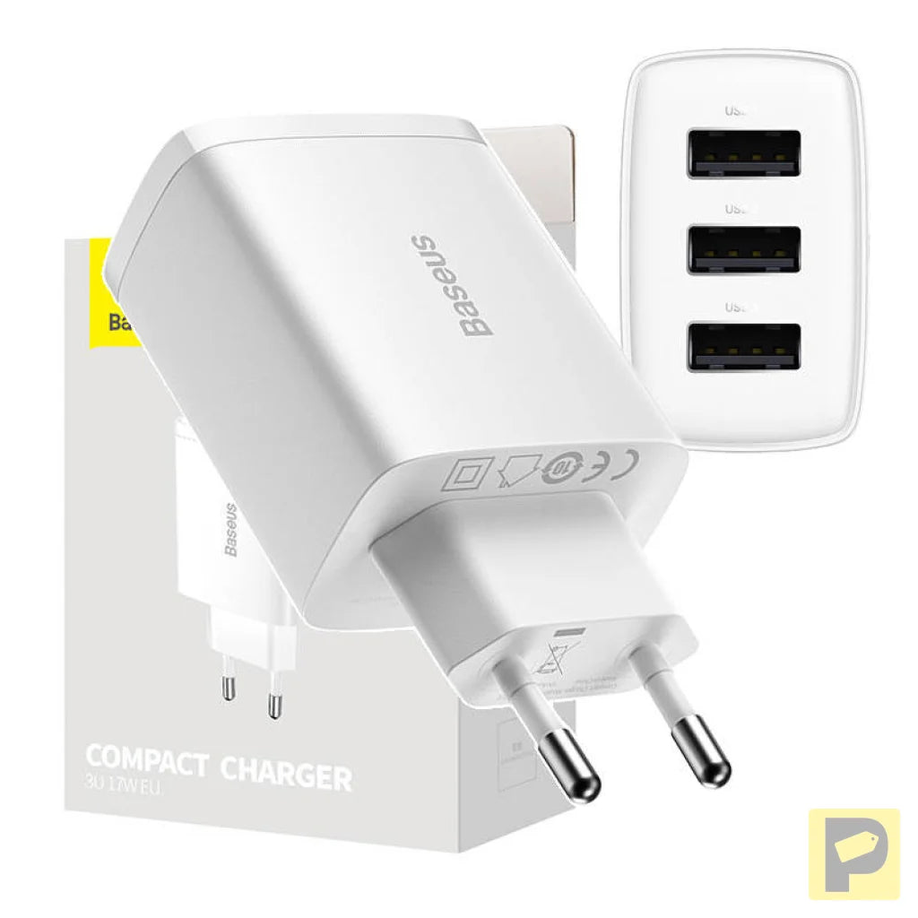 Baseus Compact Quick Charger, 3x USB, 17W (White)