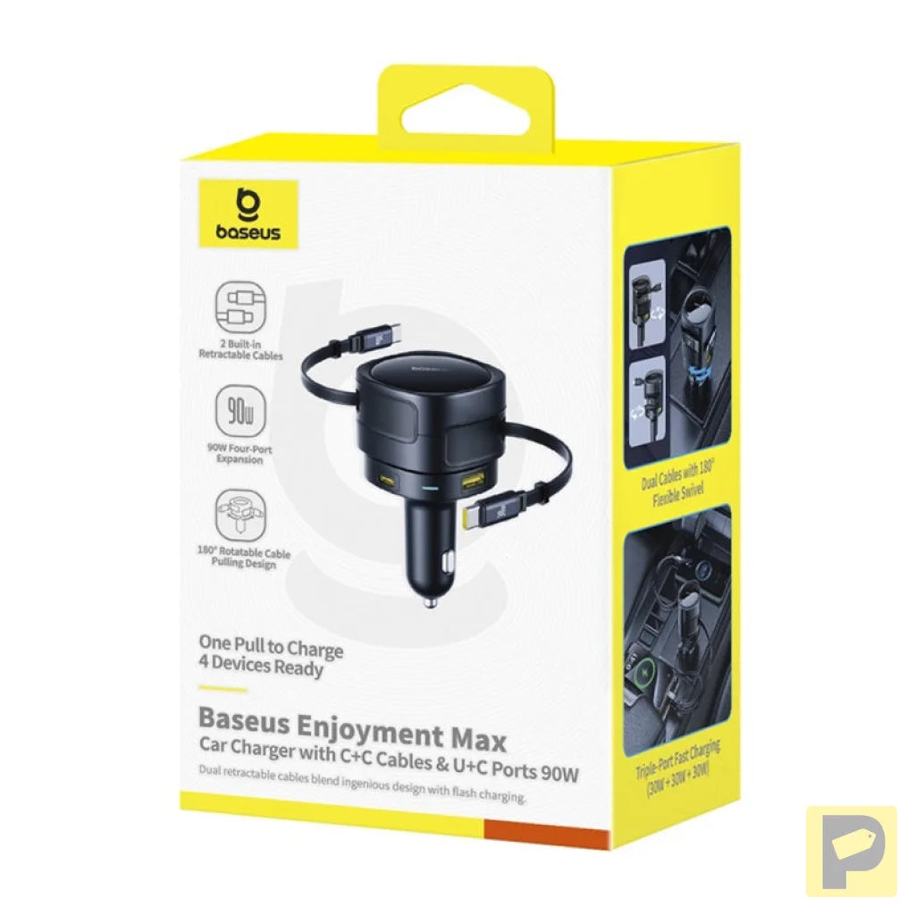 Baseus Enjoyment Max car charger with USB-C+USB-C cables and USB-A+USB-C ports 90W Black