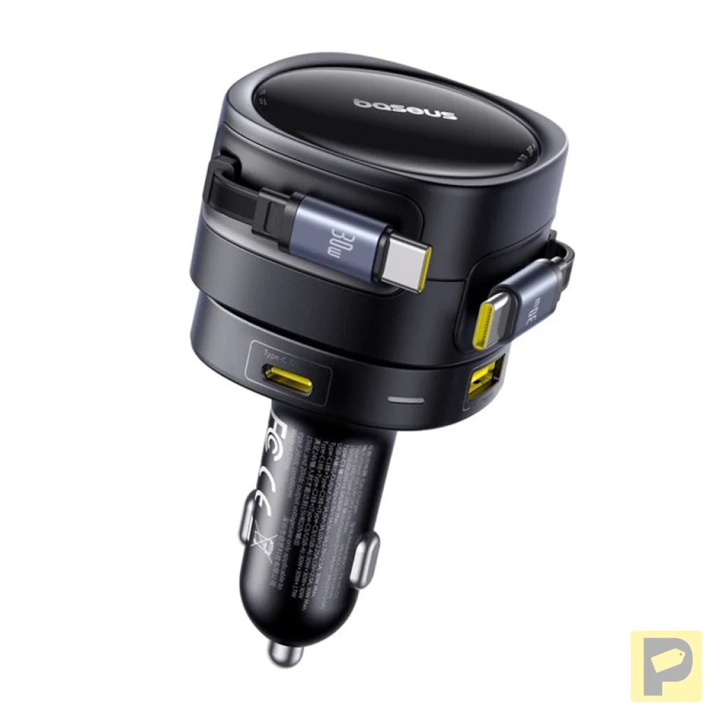 Baseus Enjoyment Max car charger with USB-C+USB-C cables and USB-A+USB-C ports 90W Black