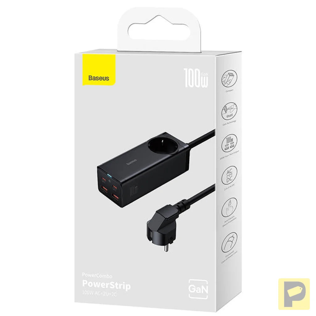 Baseus GaN3 Pro wall charger / powerstrip 2xUSB + 2xUSB-C + AC, 100W (black)