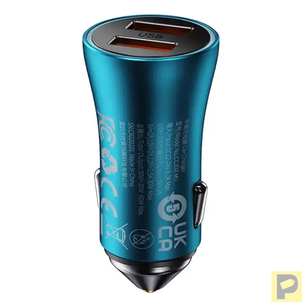 Baseus Golden Contactor Max car charger, 2x USB, 60W (blue)