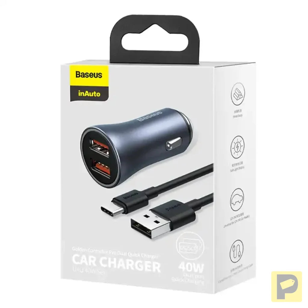 Baseus Golden Contactor Pro Car Charger 2x USB, 40W (gray) + Cable USB to USB-C 1m (black)