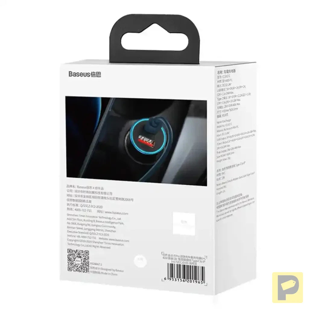 Baseus Golden Contactor Pro car charger, USB + USB-C, QC4.0+, PD, SCP, 40W (blue) + USB-C - Lightning cable 1m (blue)