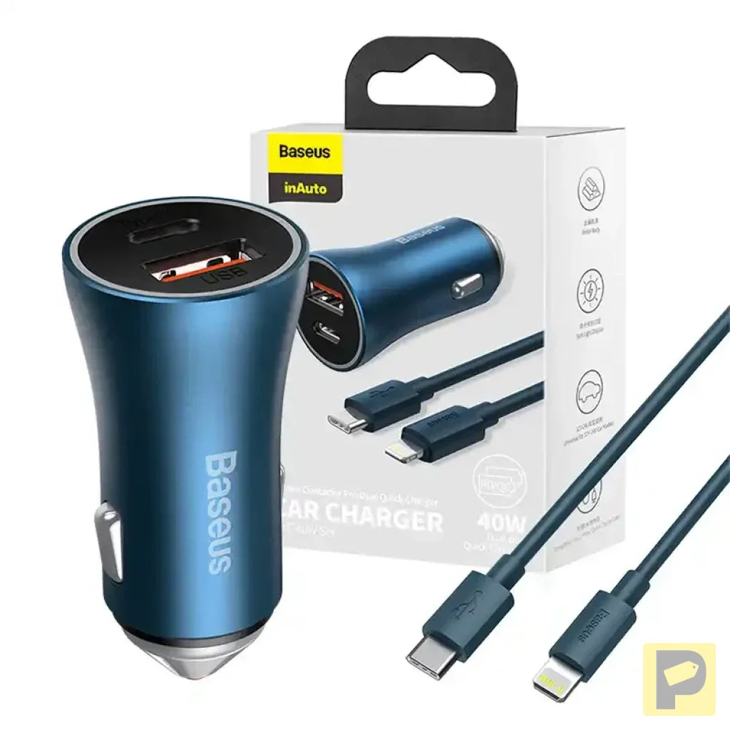 Baseus Golden Contactor Pro car charger, USB + USB-C, QC4.0+, PD, SCP, 40W (blue) + USB-C - Lightning cable 1m (blue)