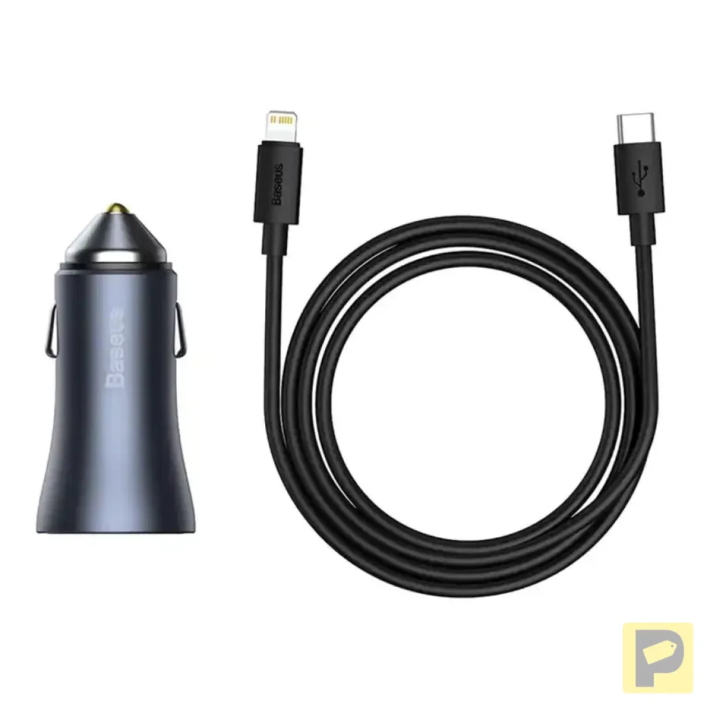 Baseus Golden Contactor Pro Car Charger USB + USB-C, QC4.0+, PD, SCP, 40W (gray) + Cable USB-C do iP 1m (black)