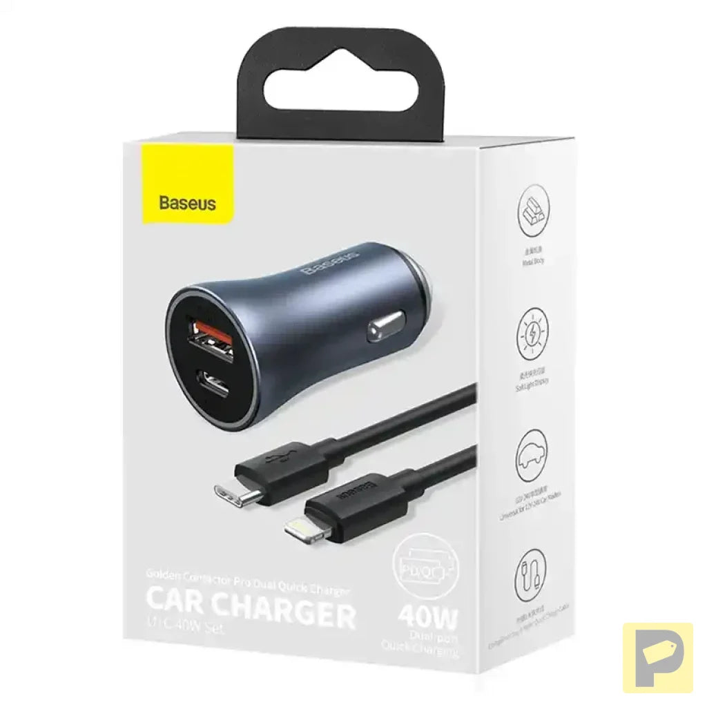 Baseus Golden Contactor Pro Car Charger USB + USB-C, QC4.0+, PD, SCP, 40W (gray) + Cable USB-C do iP 1m (black)