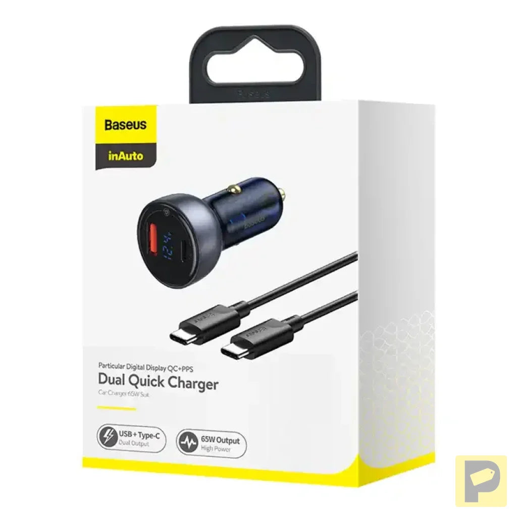 Baseus Particular Digital Display Car Charger , USB + USB-C, QC3.0+PD, 5A, 65W (gray) + Cable USB-C 1m 100W (black)