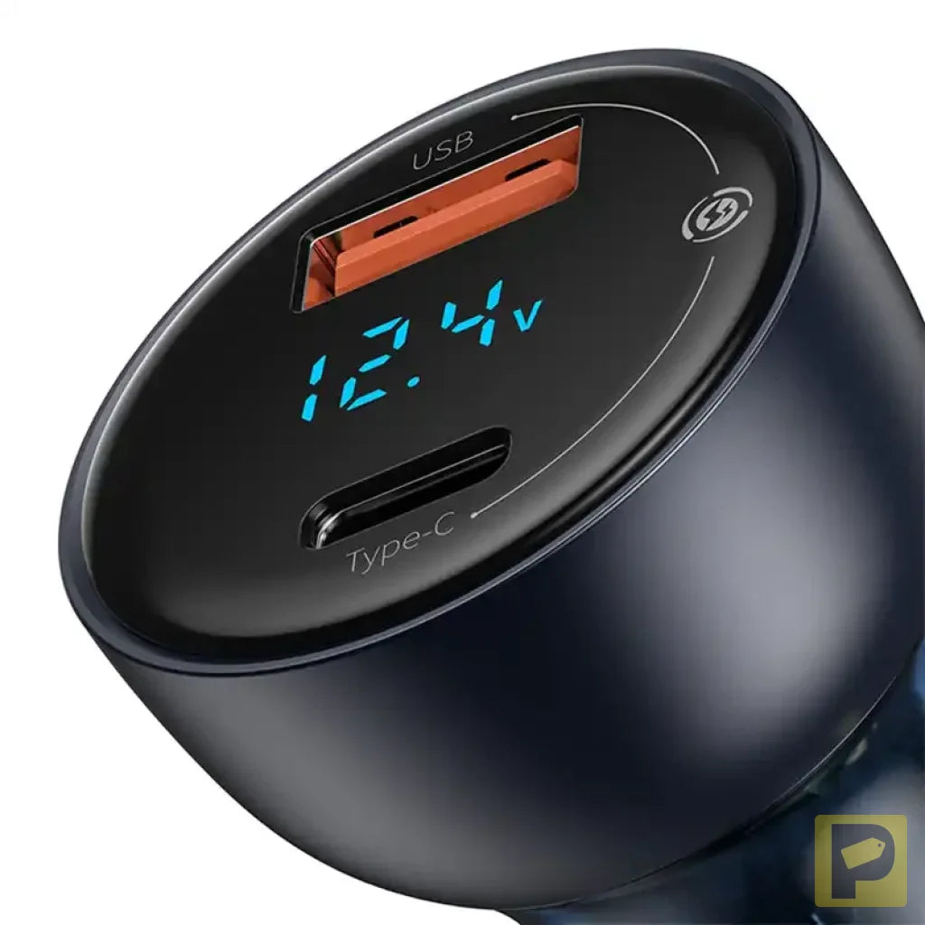 Baseus Particular Digital Display car charger with display, USB + USB-C, QC3.0+PD, 5A, 65W (gray)