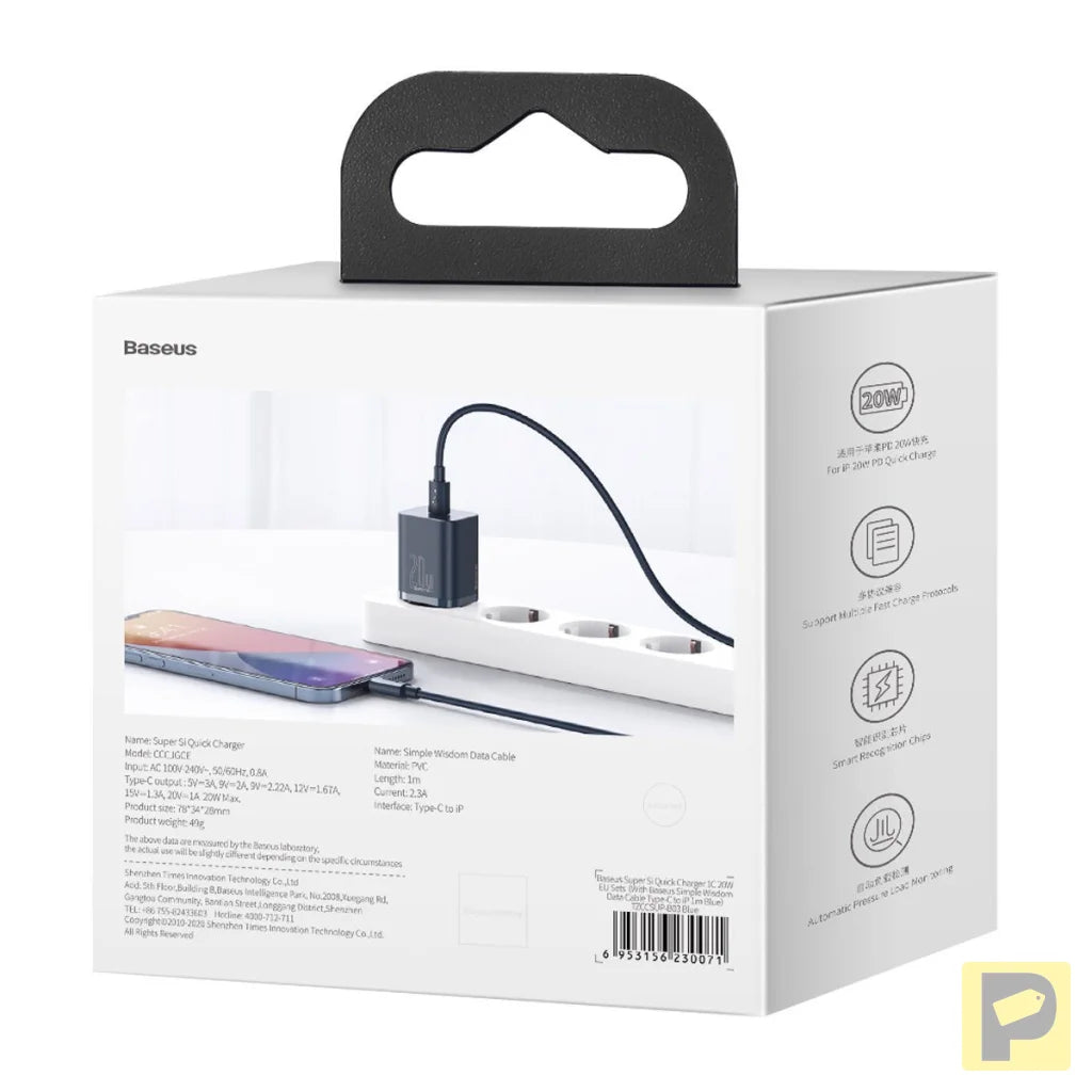 Baseus Super Si Quick Charger 1C 20W with USB-C cable for Lightning 1m (blue)