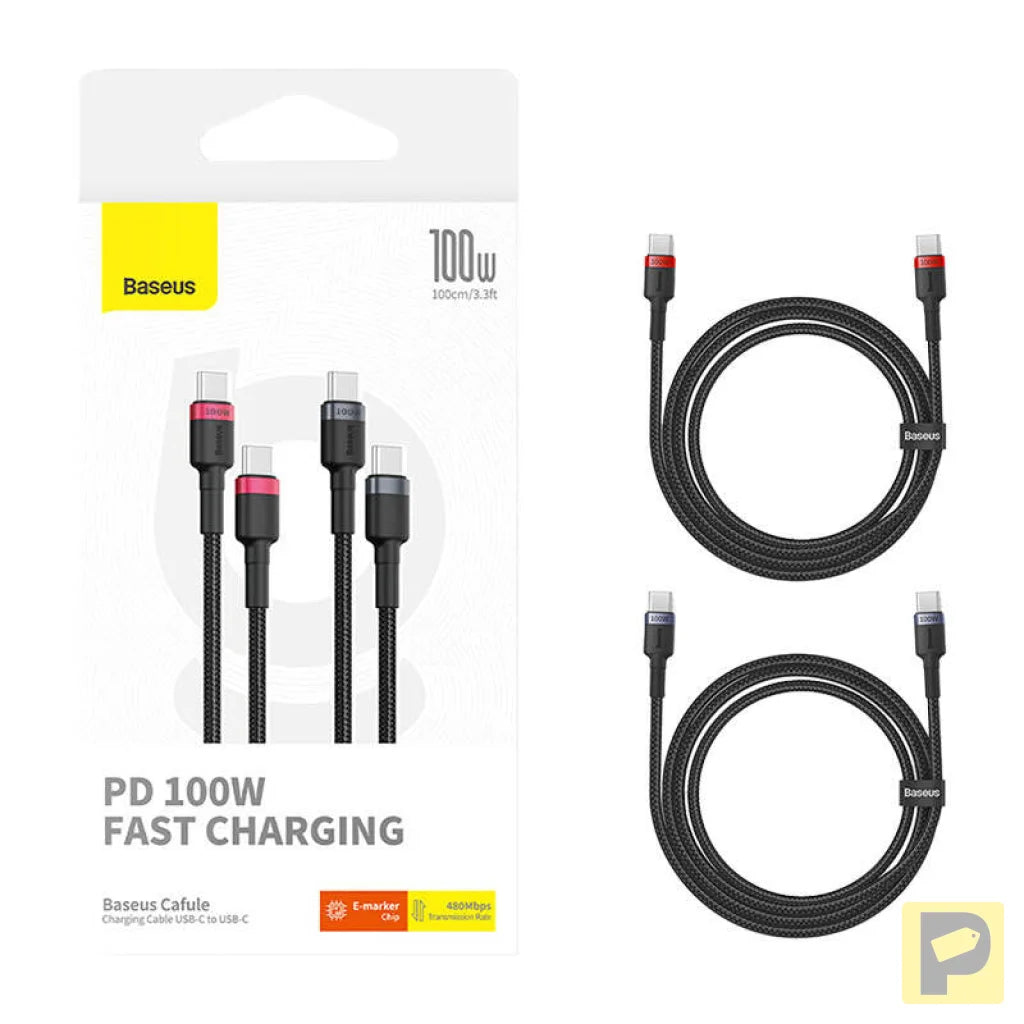 Cable Baseus Cafule USB-C to USB-C 100W,2m, 2psc (Red Black, Grey Black)