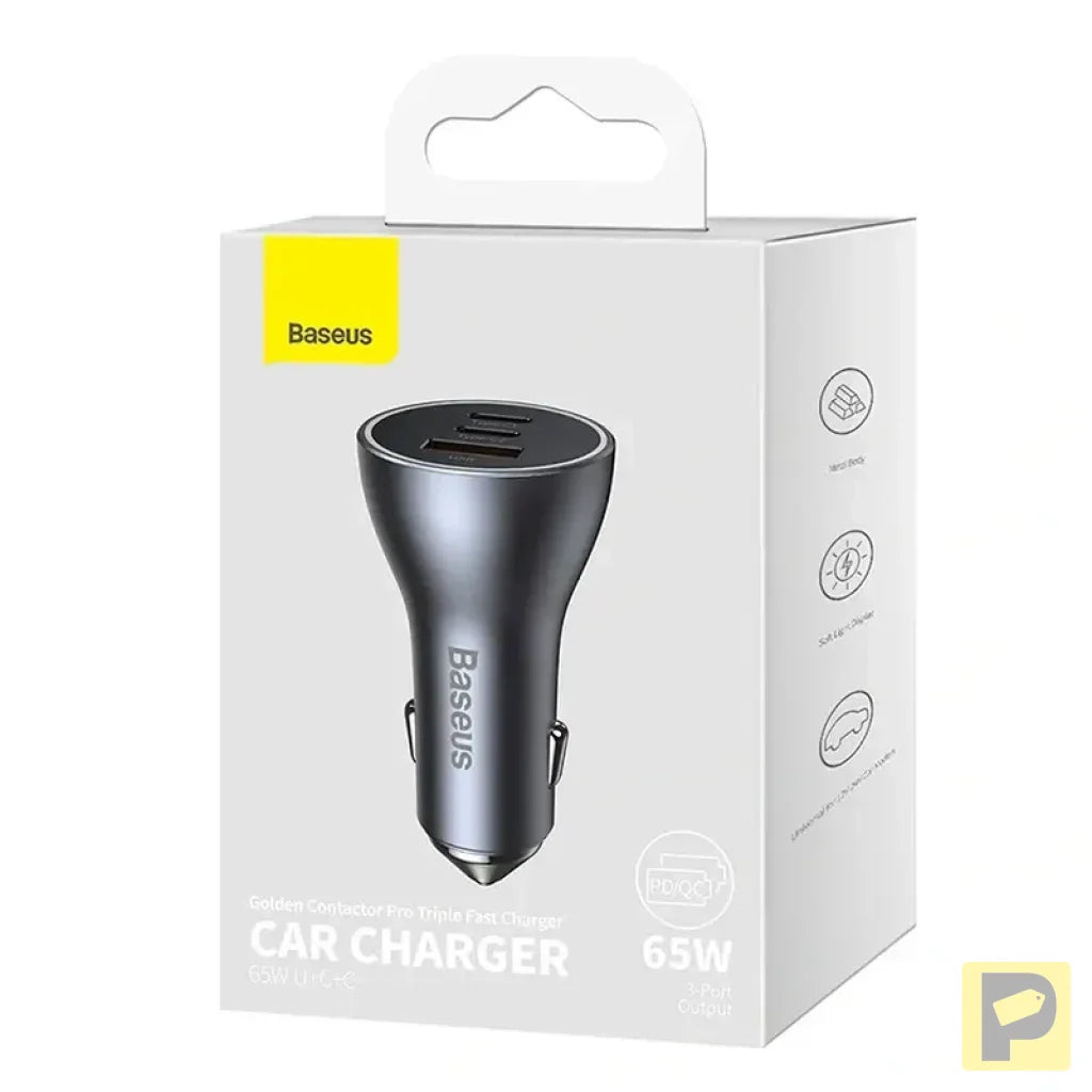 Car charger Baseus Golden Contactor Pro, 2x USB-C, 1x USB, 65W (grey)