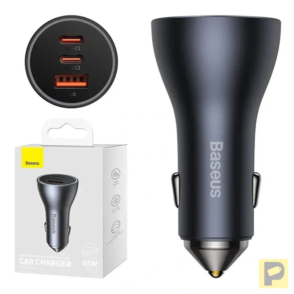 Car charger Baseus Golden Contactor Pro, 2x USB-C, 1x USB, 65W (grey)