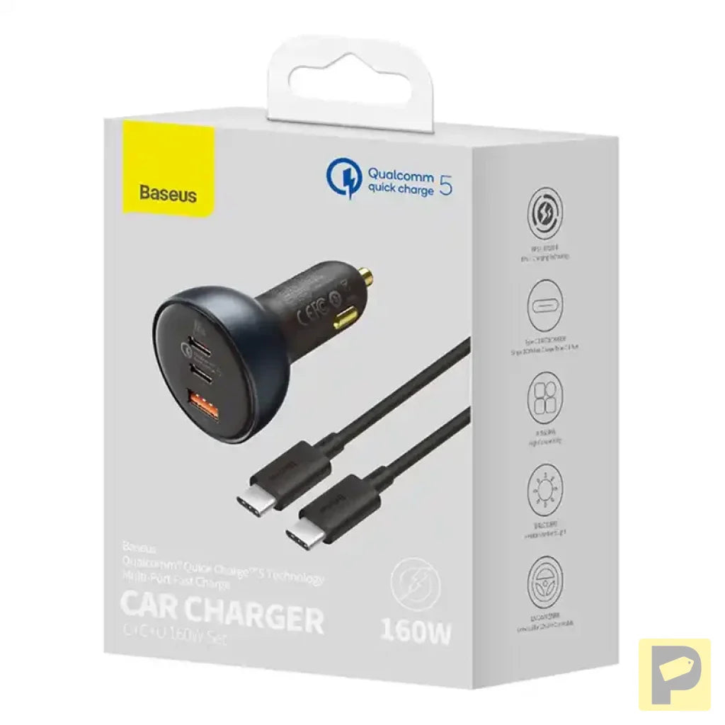 Car Charger Baseus Qualcomm, USB, 2x USB-C, 160W (Grey)
