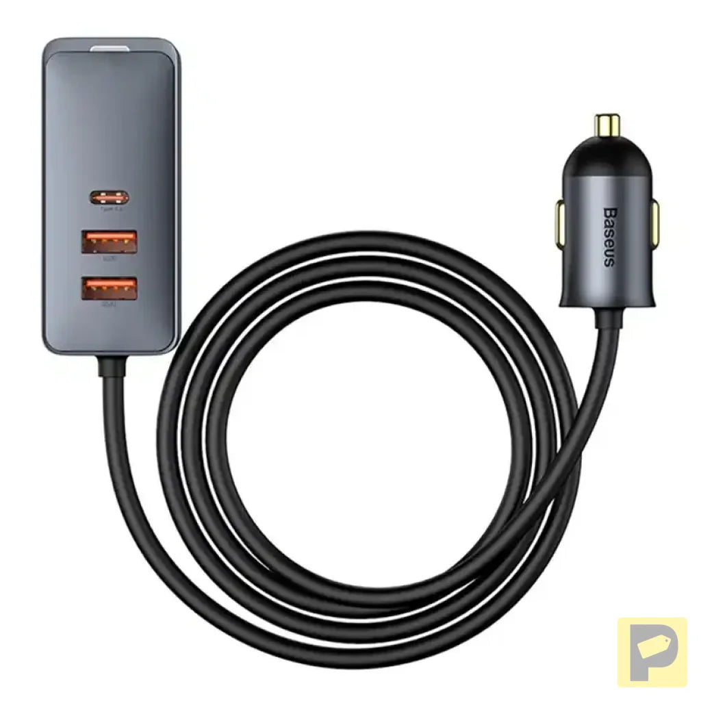 Car charger Baseus Share Together with extension cord, 2x USB, 2x USB-C, 120W (grey)