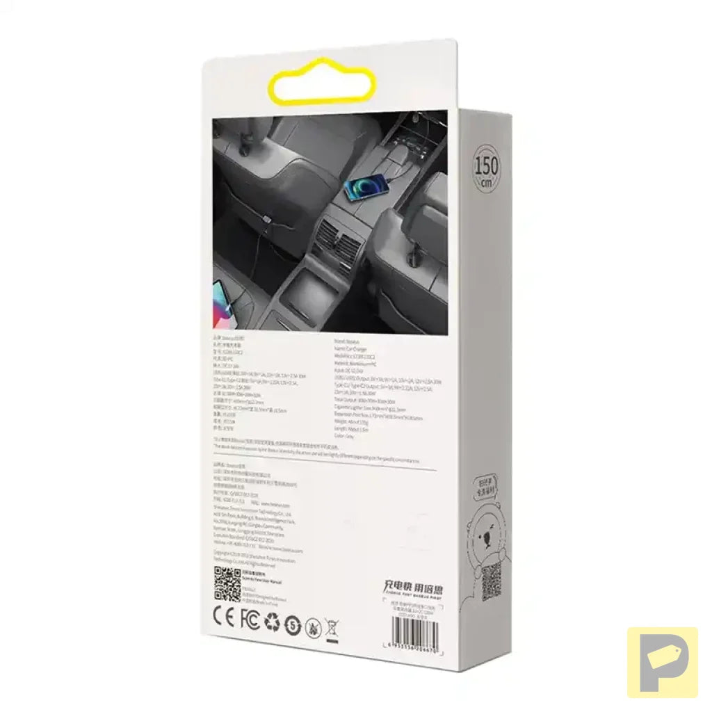 Car charger Baseus Share Together with extension cord, 2x USB, 2x USB-C, 120W (grey)