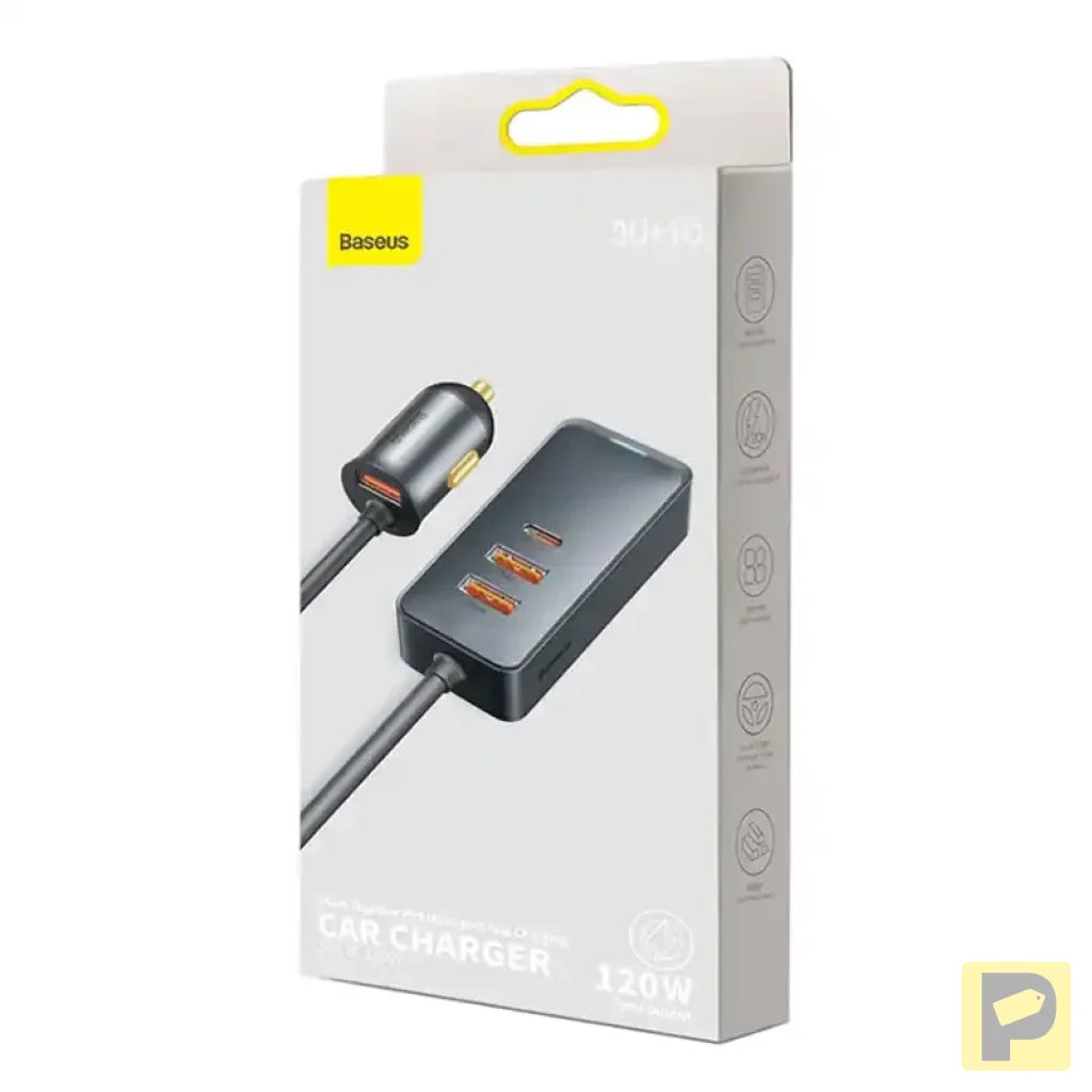 Car charger Baseus Share Together with extension cord, 3x USB, USB-C, 120W (grey)