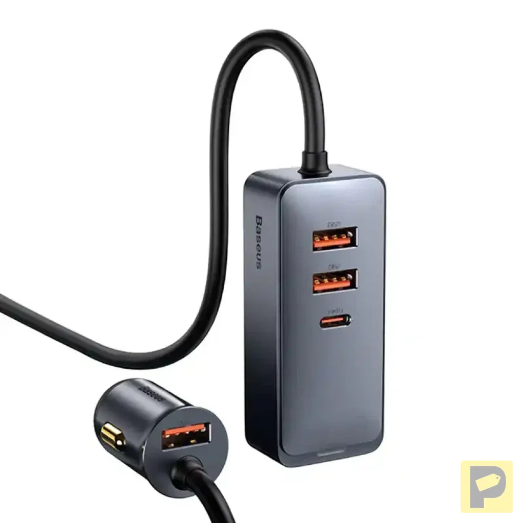 Car charger Baseus Share Together with extension cord, 3x USB, USB-C, 120W (grey)