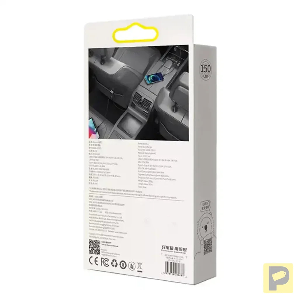 Car charger Baseus Share Together with extension cord, 3x USB, USB-C, 120W (grey)