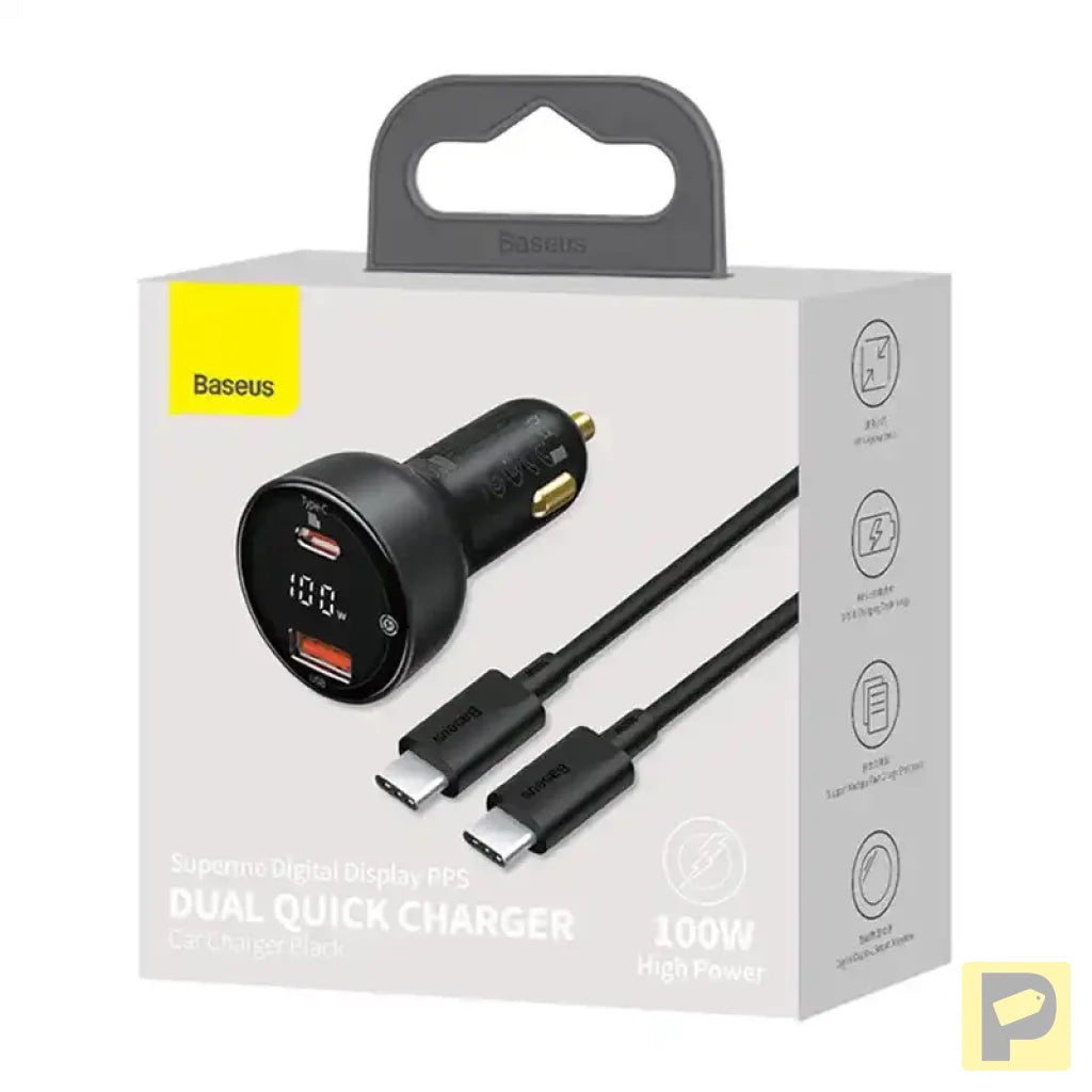 Car charger Baseus Superme, USB, USB-C, 100W + USB-C cable (black)