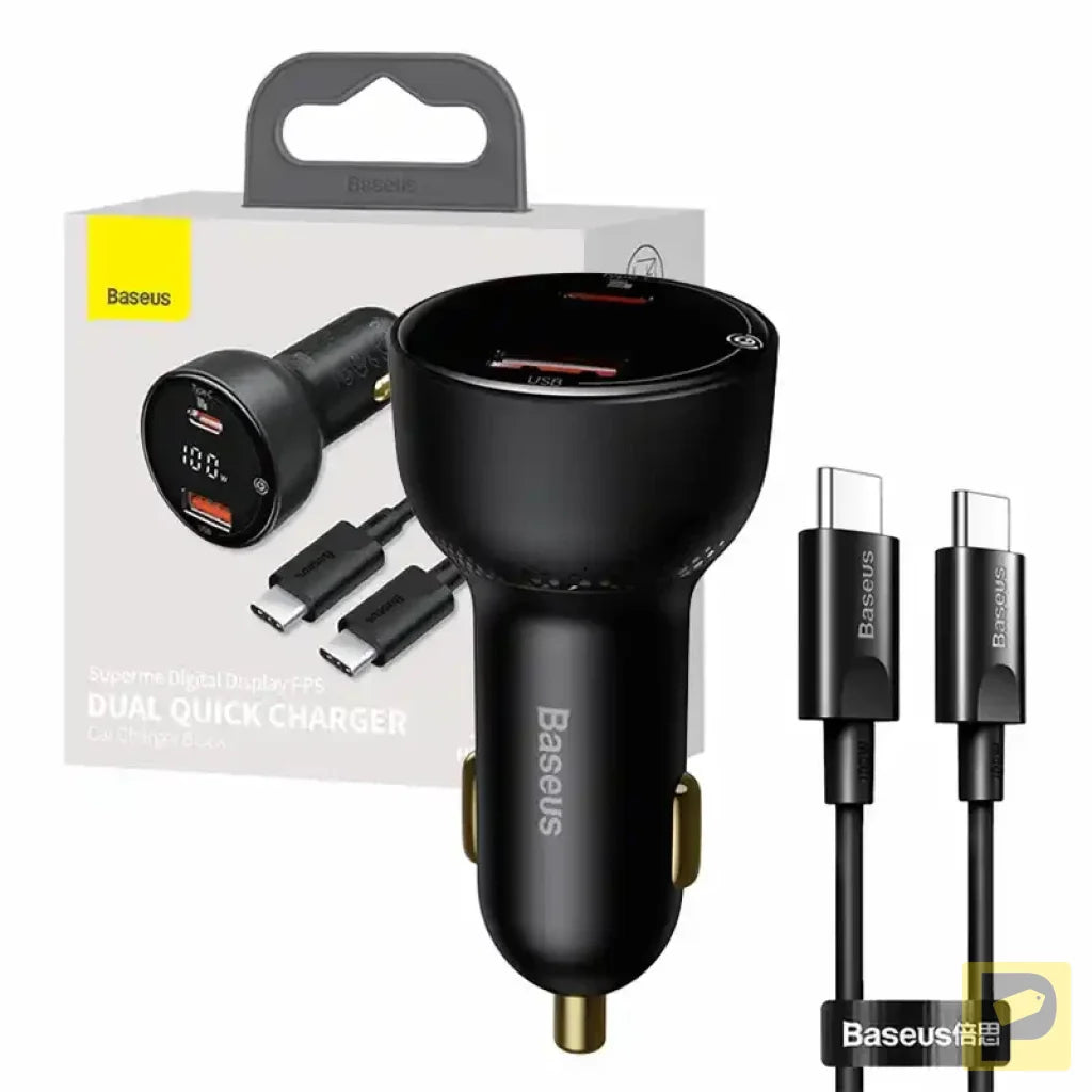 Car charger Baseus Superme, USB, USB-C, 100W + USB-C cable (black)