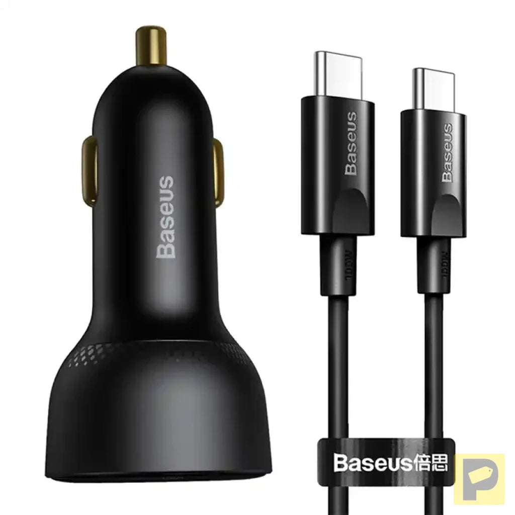 Car charger Baseus Superme, USB, USB-C, 100W + USB-C cable (black)