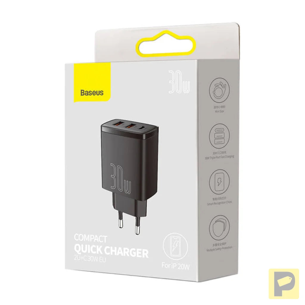 Charger Baseus Compact Quick Charger, 2xUSB, USB-C, PD, 3A, 30W (czarna)