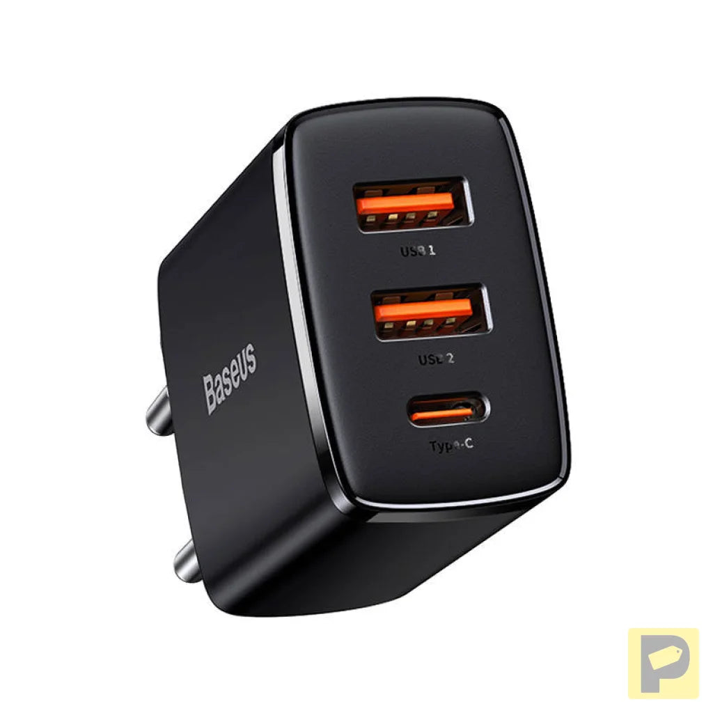 Charger Baseus Compact Quick Charger, 2xUSB, USB-C, PD, 3A, 30W (czarna)