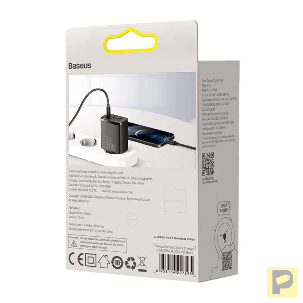 Charger Baseus Compact Quick Charger, 2xUSB, USB-C, PD, 3A, 30W (czarna)