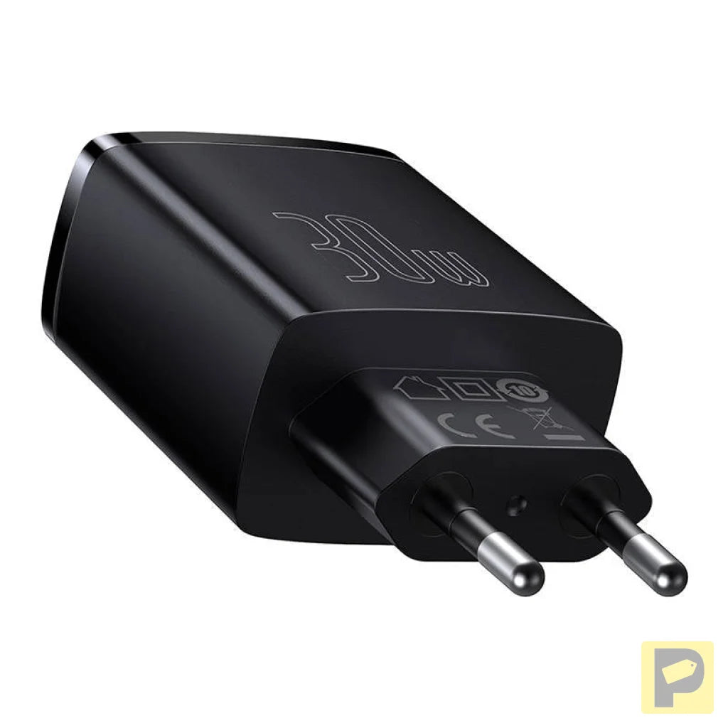 Charger Baseus Compact Quick Charger, 2xUSB, USB-C, PD, 3A, 30W (czarna)